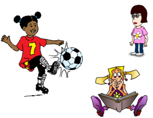 Tre jenter der en leser og de to andre spiller fotball.